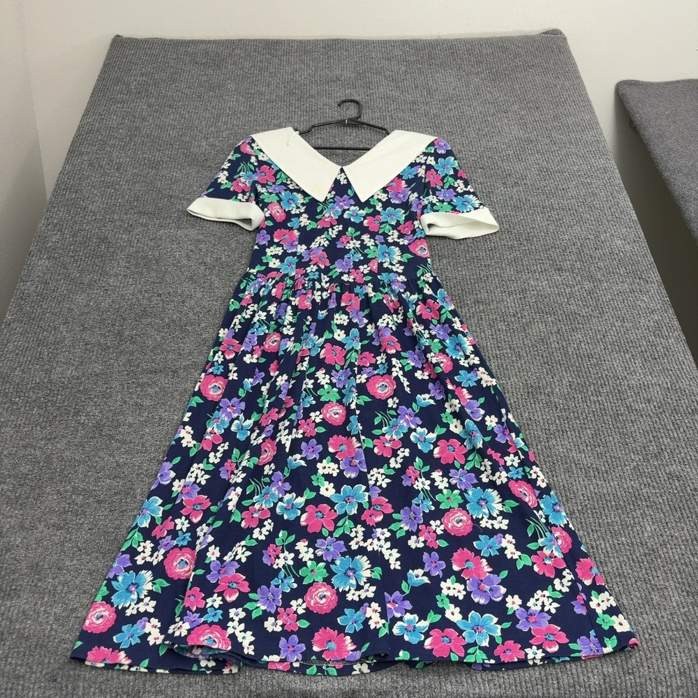 Vintage MHM Dress Womens 8 Blue Cotton Blend Floral Sailor Collar Tea Retro